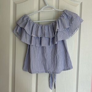 Girls Pin Stripe Off The Shoulder Blouse with Ruffles